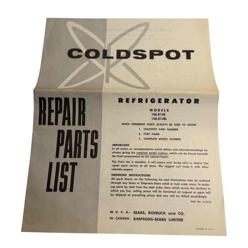 VTG Coldspot Refrigerator Repair Parts List Manual Sears 106.R14E 106.R14EL
